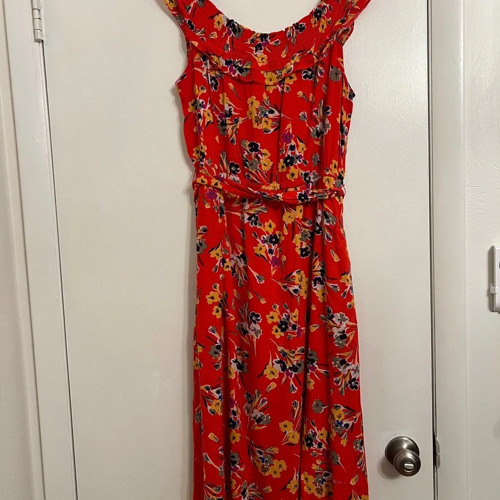 Anthropologie Vibrant Orange Red Lined Floral Midi Dress - Picture 2 of 7
